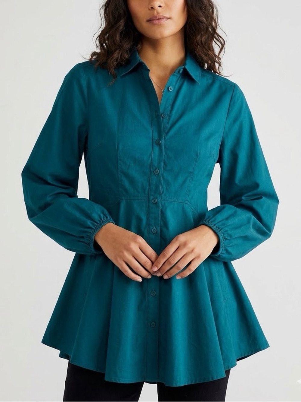Free People All The Time Button Up Balloon Sleeve Tunic Top in Dark Green SZ S